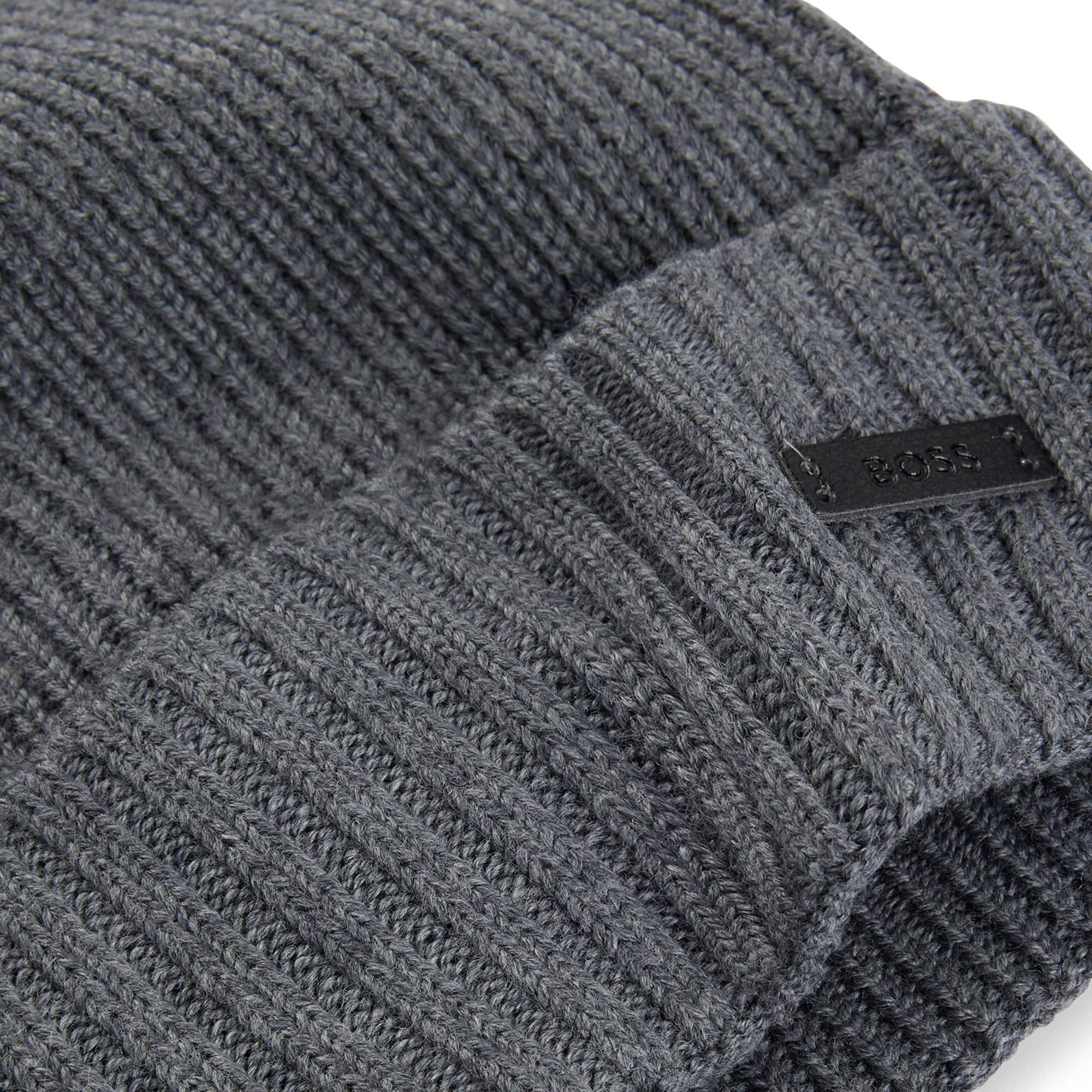 BOSS FATI RIBBED VIRGIN WOOL BEANIE HAT