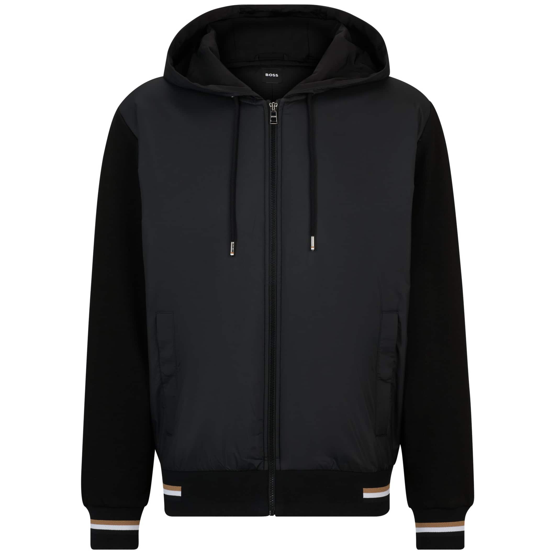 BOSS MIXED-MATERIAL SIGNATURE-STRIPE TRIMS ZIP-UP HOODIE