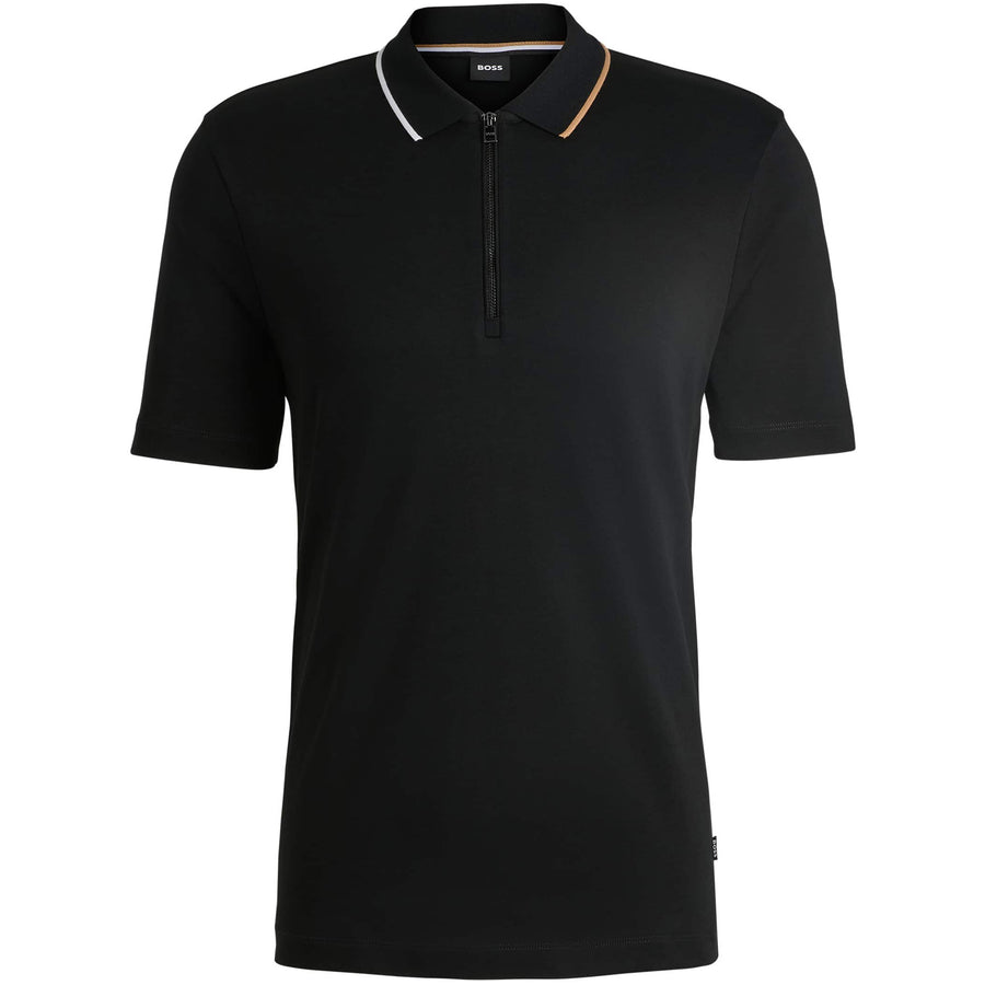 BOSS ZIP NECK INTERLOCK COTTON POLO SHIRT