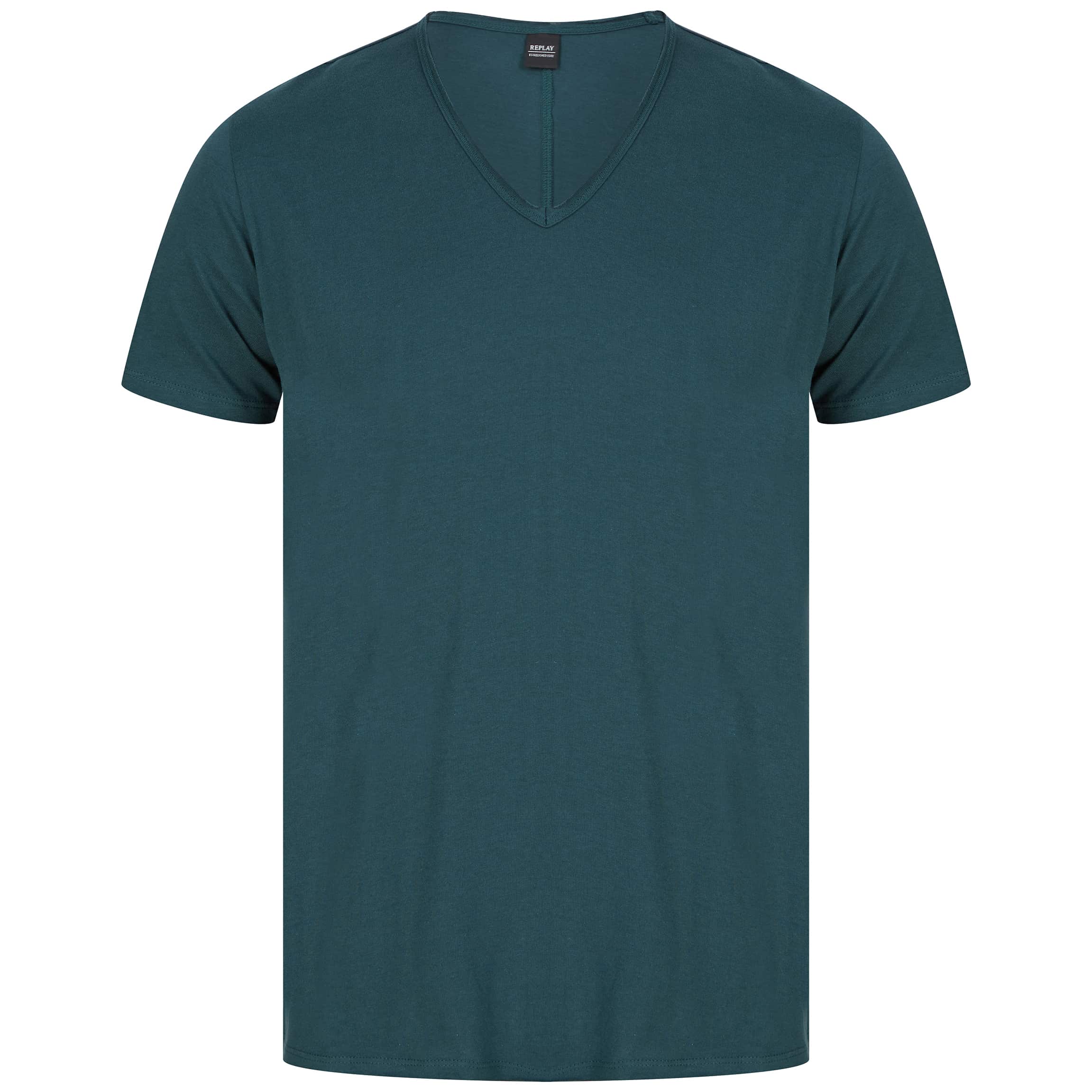 REPLAY RAW CUT V-NECK COTTON T-SHIRT M3591.000.2660 Bottle Green (135)