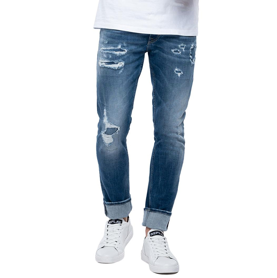 REPLAY MICKYM BROKEN EDGE TAPERED FIT JEANS